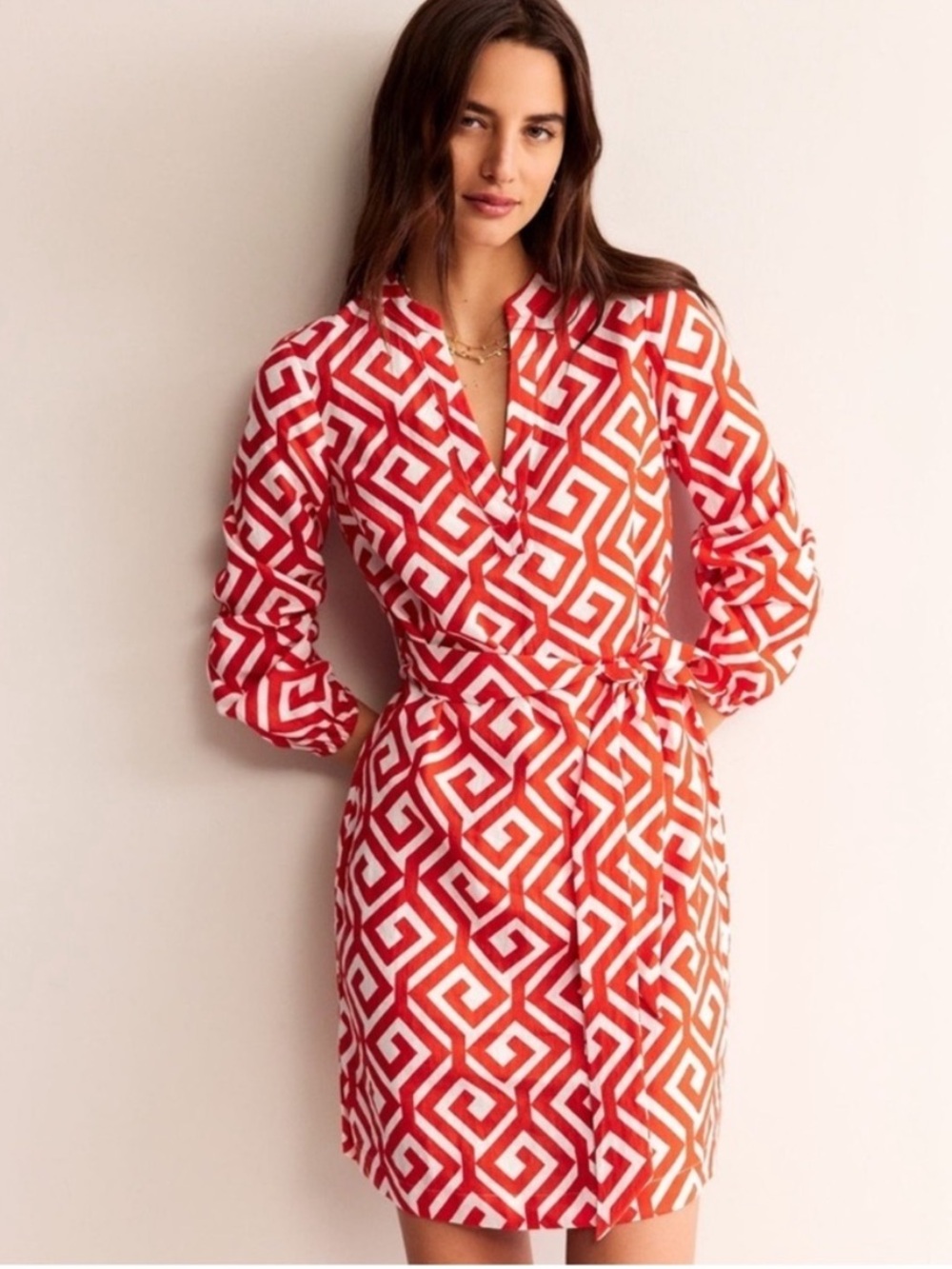 Boden Red Cleo Geometric 100% Linen Tie Waist Dress Size 4
